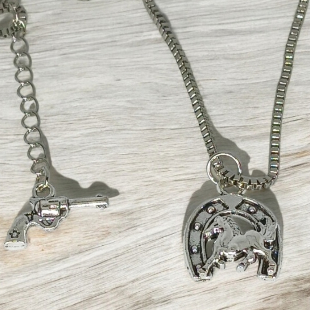Silver Pendant Necklace Horse Horseshoe Pistol Western Cowboycore Gender Neutral
